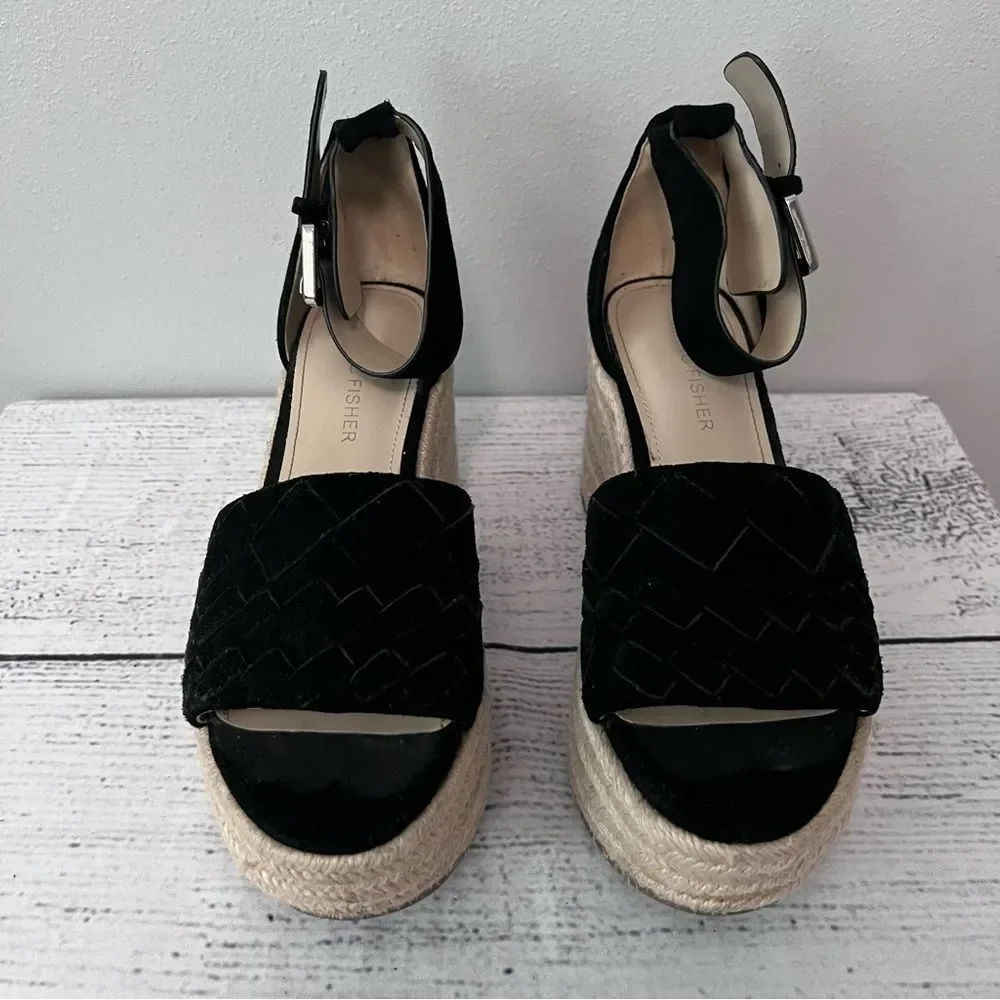 Marc Fisher Black Espadrille Platform Wedge Sandals Size 6M